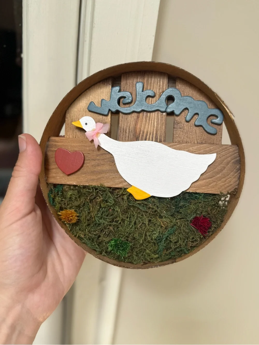 Vintage 80s Wooden Goose Welcome Sign Country Cottagecore Round